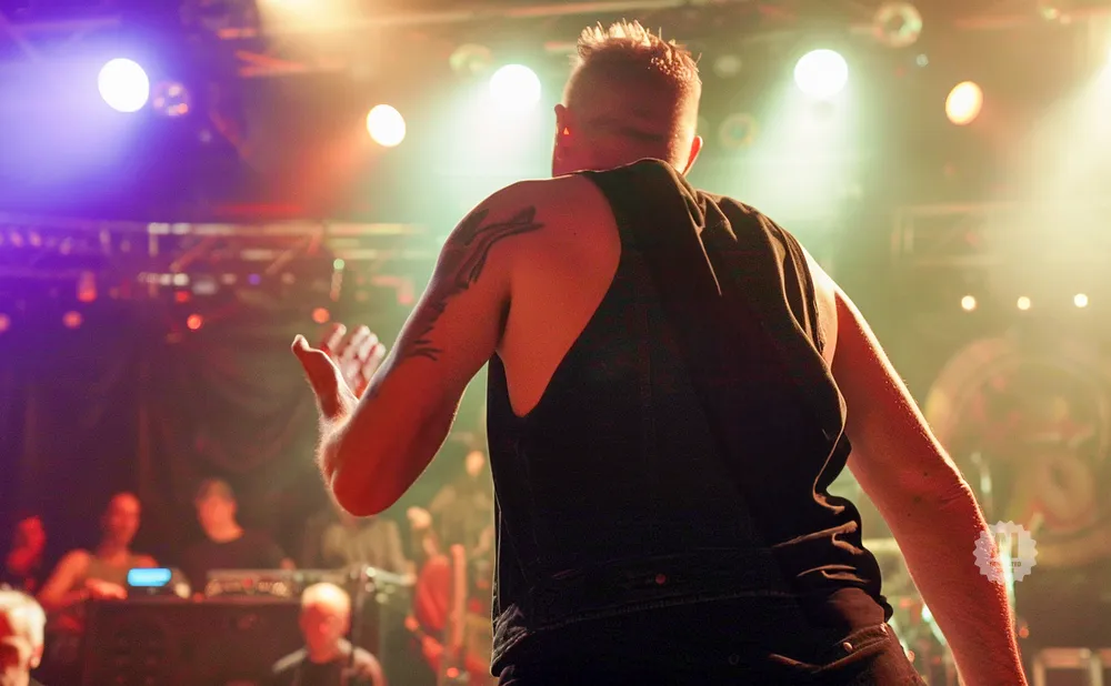 Performer with tattoos on his arm on a brightly lit stage.