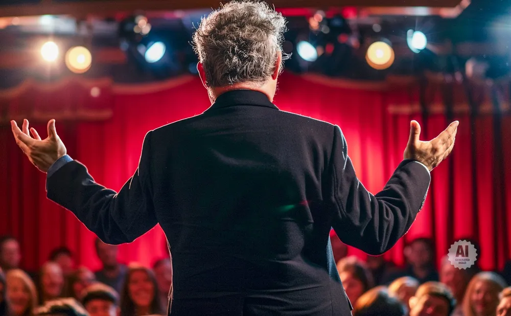 A man in a suit stands on a stage with his arms outstretched, addressing an audience in front of red curtains.