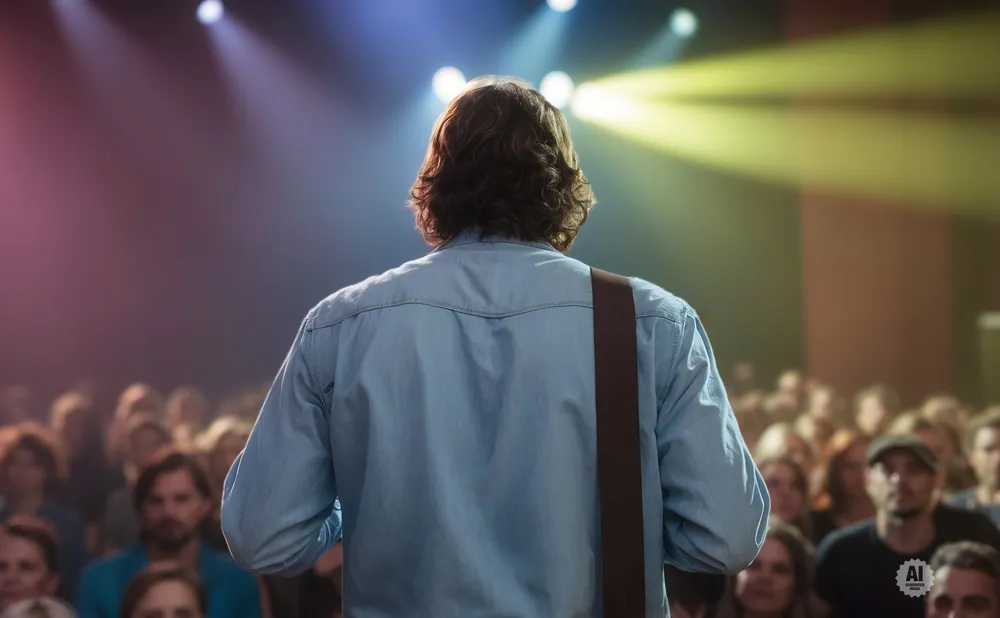 Man with long hair on stage facing away from the camera, playing to a crowd under colorful stage lights.