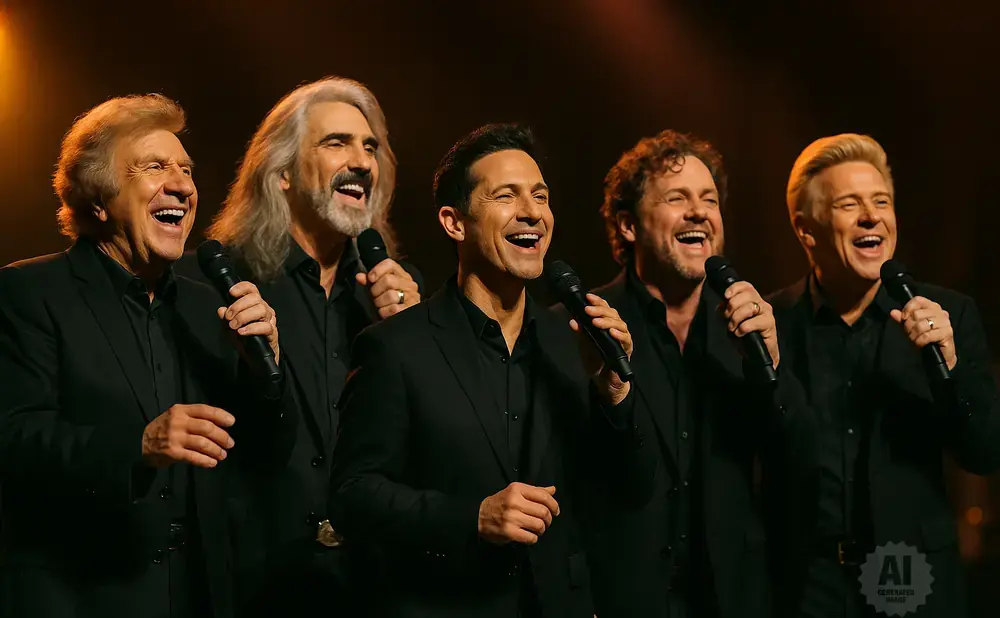 Five men in black suits and shirts sing into microphones onstage, laughing.