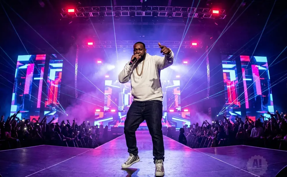 Rapper performs on a brightly lit stage with large screens and an excited crowd.