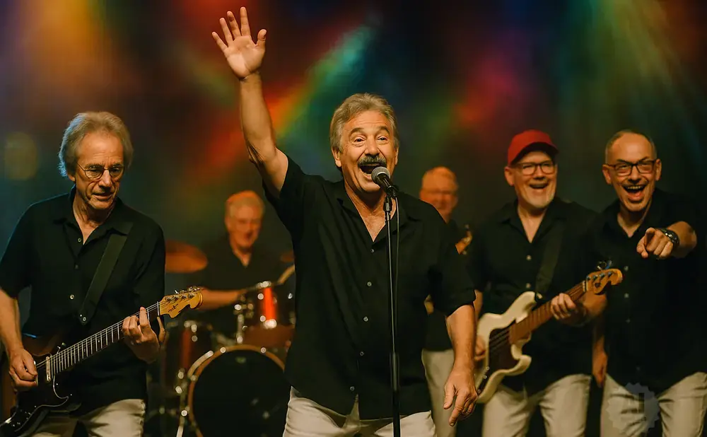 A band of older men in black shirts perform on stage, with the lead singer in the center raising his hand.