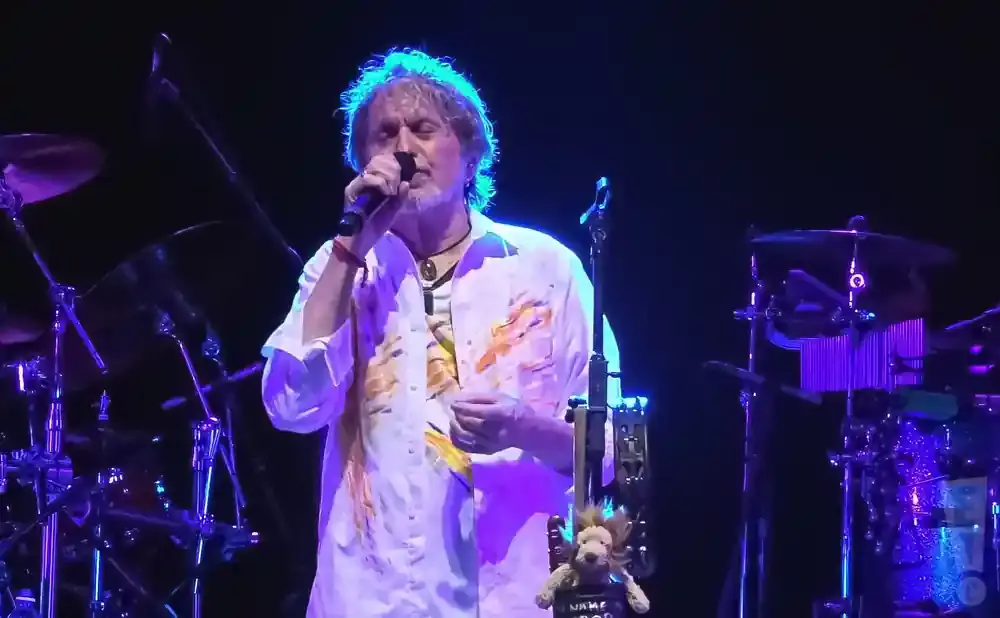 Singer in a white, paint-splattered shirt on stage, holding a microphone with a lion plush toy below.