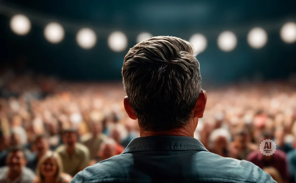 Man with gray hair in a blue shirt faces a blurred audience under stage lights.