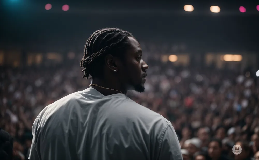 Man with braids looks out at a blurred crowd from behind, wearing a gray t-shirt and gold chain.
