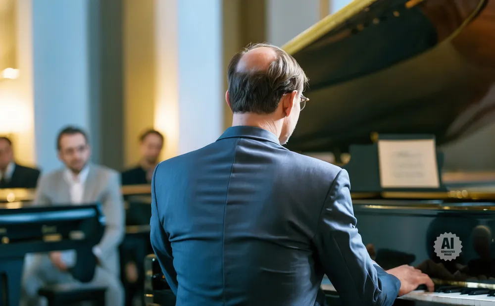 Man in suit playing piano, with other people in the background.