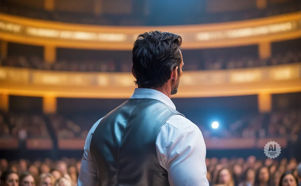 Man in suit facing away from camera on stage in front of an audience in a theater.