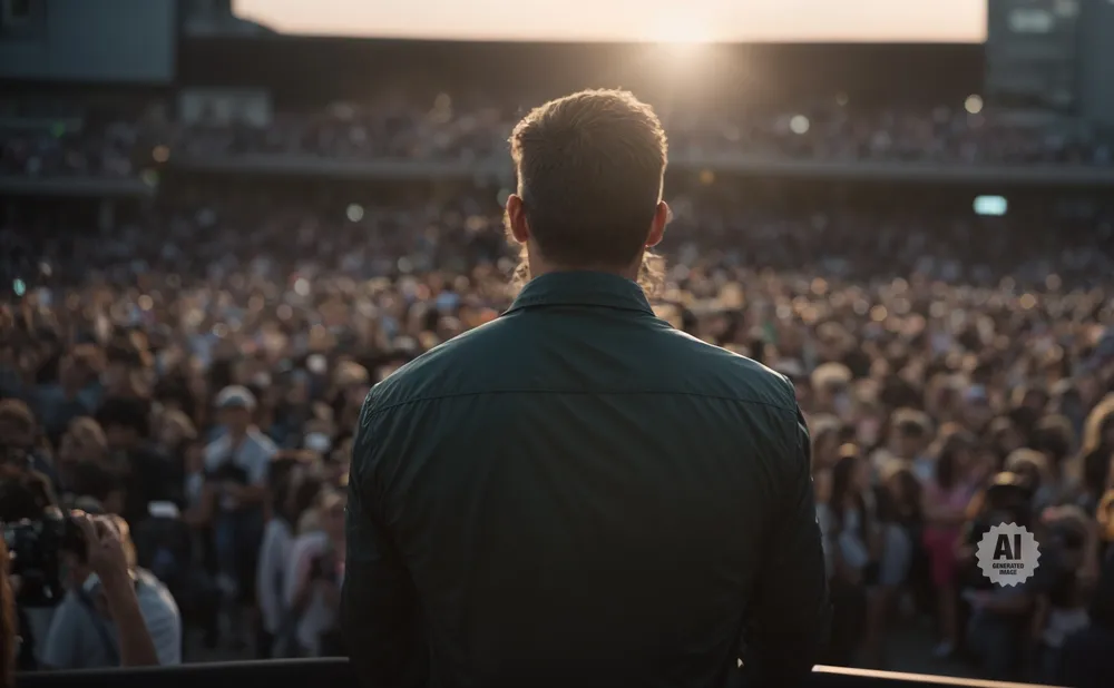 Man in a dark shirt facing a large, blurry crowd at sunset.
