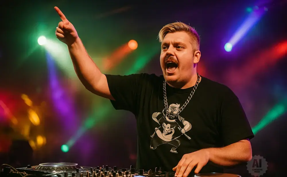 DJ with arm raised, pointing up, wearing a black t-shirt with a cartoon graphic, and a thick silver chain necklace.