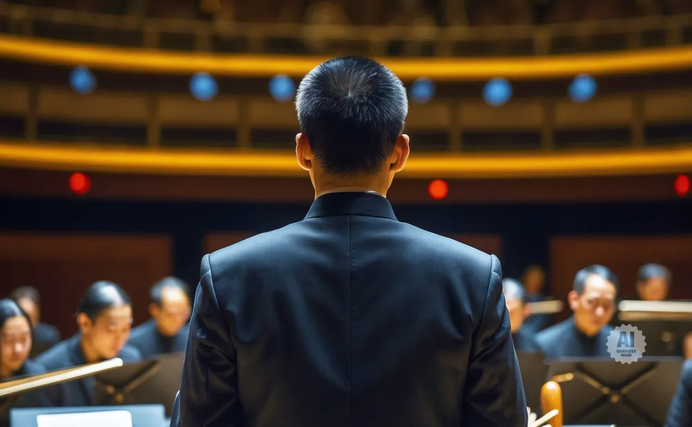 A conductor in a black suit stands facing away from the camera, leading an orchestra.