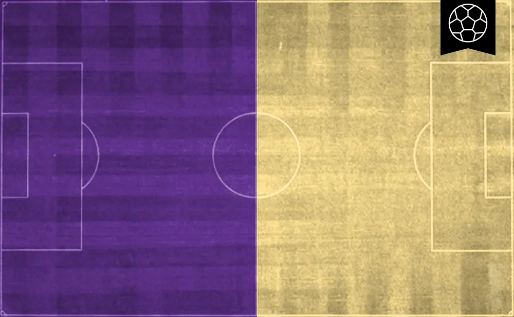 Soccer field split in half, purple on the left and yellow on the right, with a soccer ball emblem in the top right.
