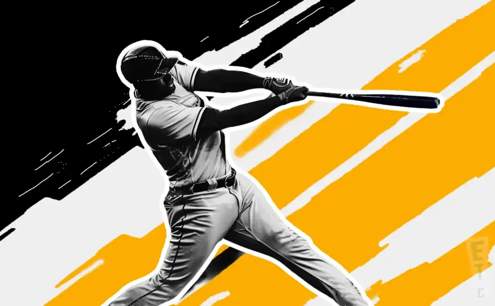A baseball player swings a bat against a backdrop of black, white, and orange diagonal lines.
