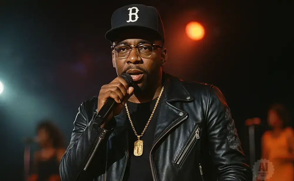 A man in a black leather jacket, baseball cap, and gold chain sings into a microphone.