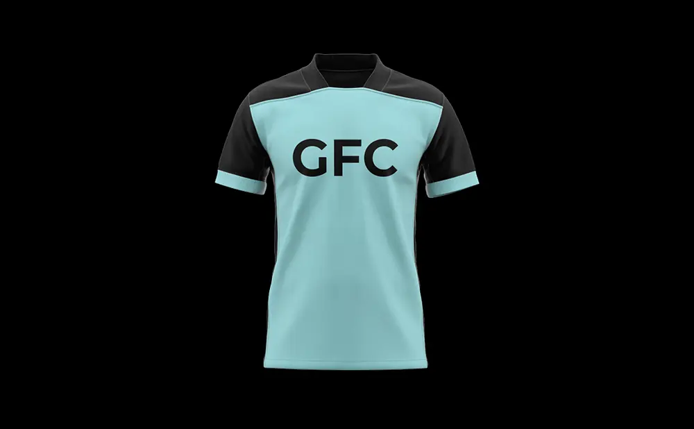 Light blue soccer jersey with black sleeves and collar, featuring 
