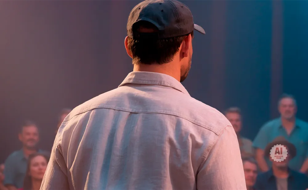 Man in a baseball cap and light-colored shirt facing away from the camera, addressing a blurred audience.