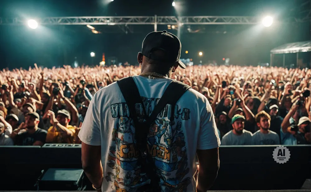 Man in a baseball cap and t-shirt with a backpack on stage facing a large, cheering crowd at a concert.