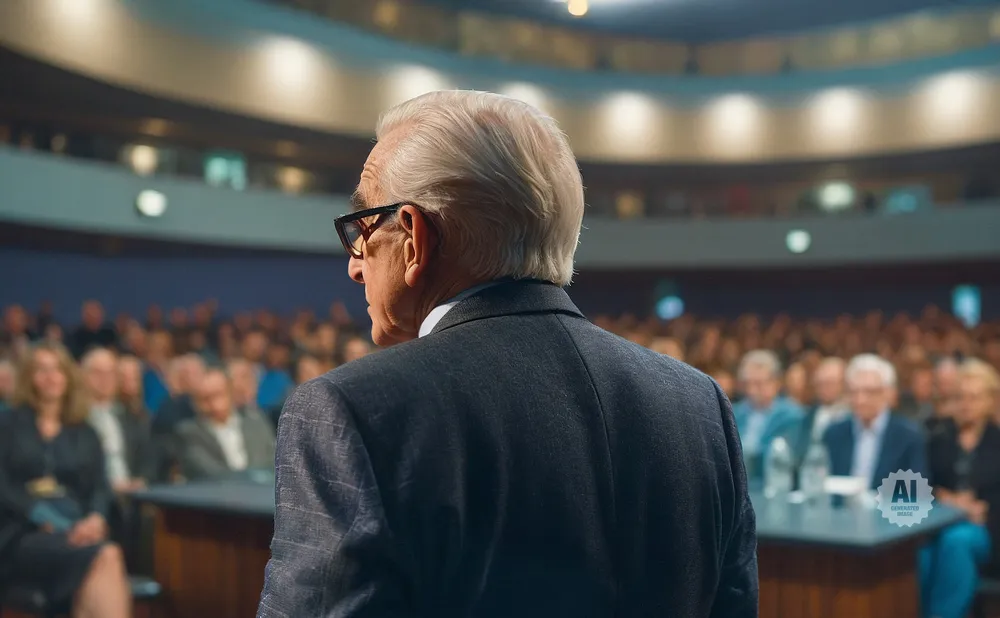 An elderly man in a suit and glasses speaks to a large audience in an auditorium.