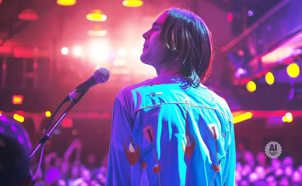 Man in a blue shirt with colorful embroidery stands on stage, facing away from the camera, with a microphone in front of him.