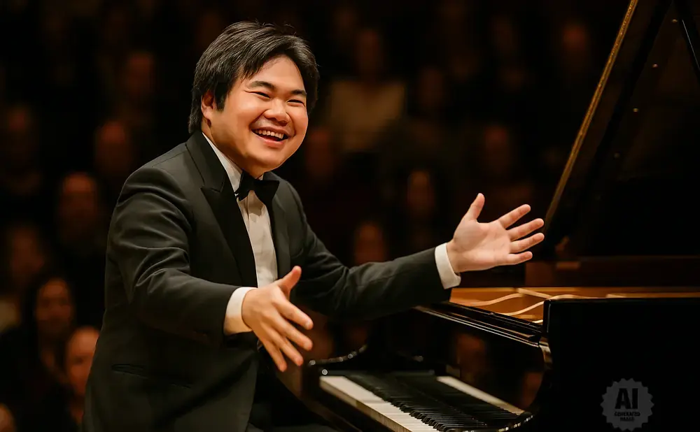 A joyful pianist in a tuxedo smiles broadly, hands outstretched over a grand piano during a performance.