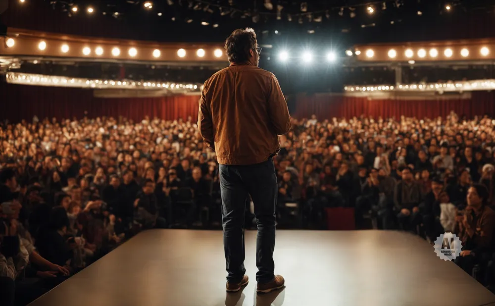 A man in a brown jacket and jeans stands on a stage addressing a large, seated audience in a theater.