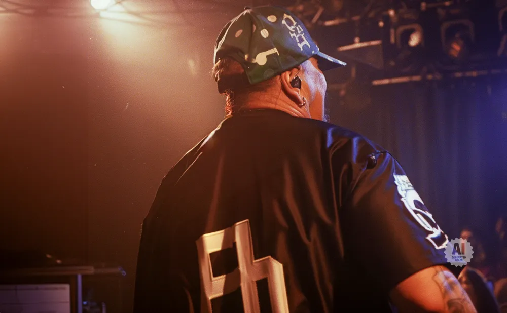 Man from behind wearing a black shirt with a large silver logo on the back and a patterned cap.