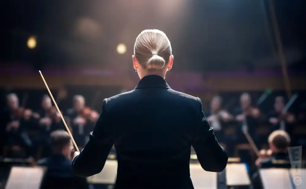 Conductor leading an orchestra, back view.