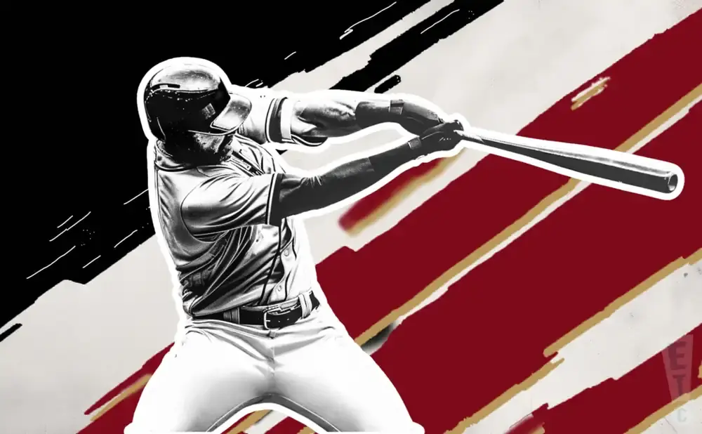 A baseball player swings a bat against a red and black backdrop with white stripes.