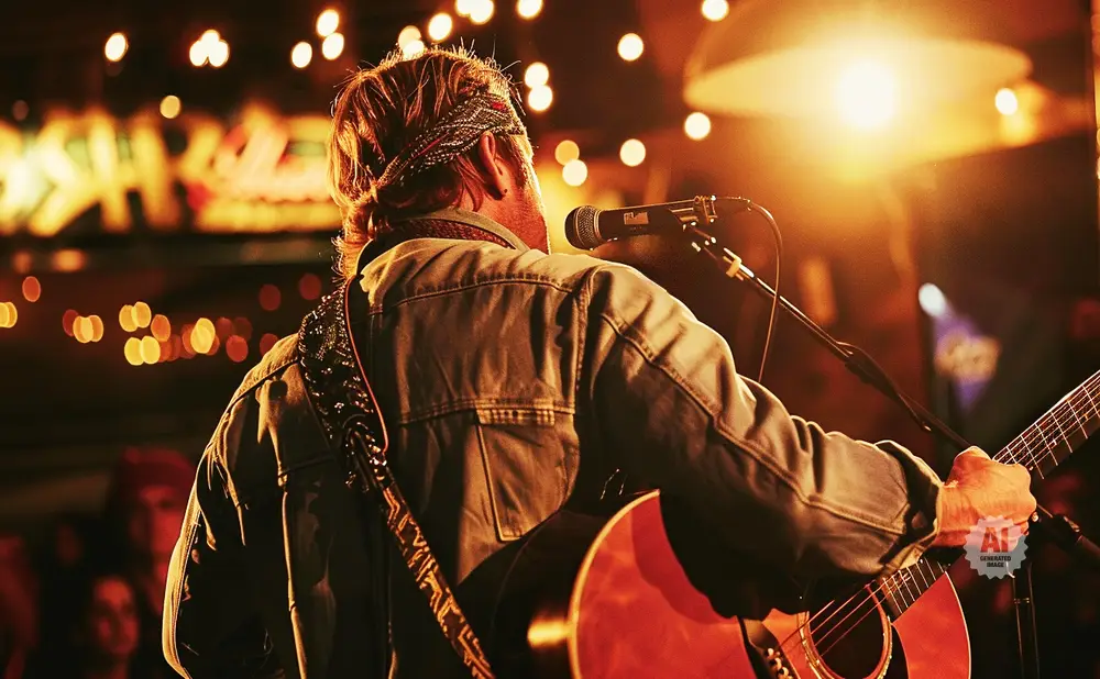 Musician with bandana and denim jacket plays guitar and sings into a microphone, lit by stage lights.