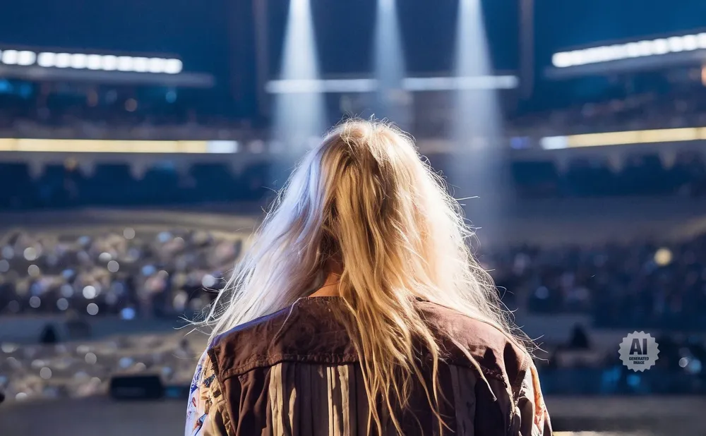 Back view of a blonde woman on stage facing a stadium crowd with spotlights shining down.