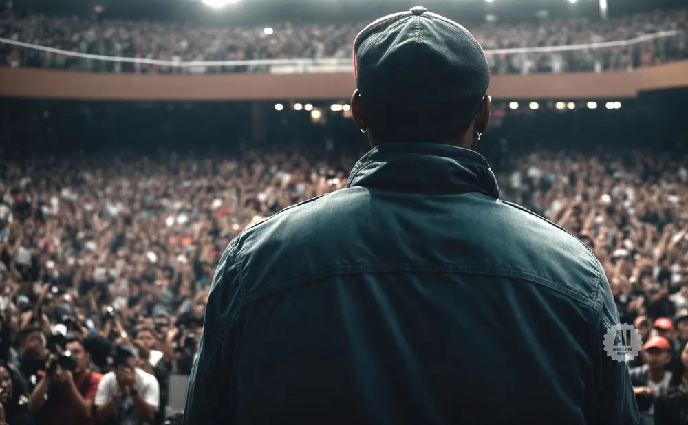 Back view of a person in a jacket and cap facing a cheering crowd in an arena.
