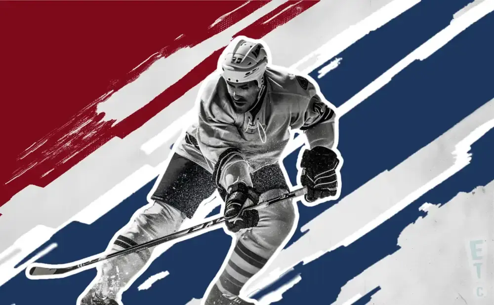A hockey player in motion against a red, white, and blue striped background.