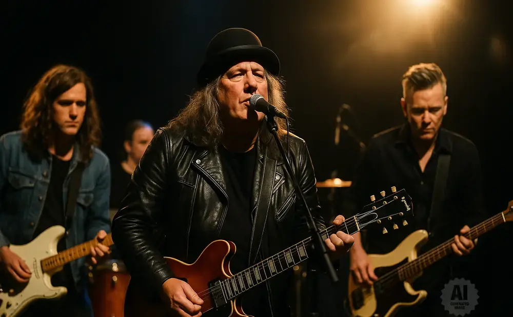 A rock band performs on stage, with a lead singer in a black leather jacket and hat, playing guitar and singing into a microphone.