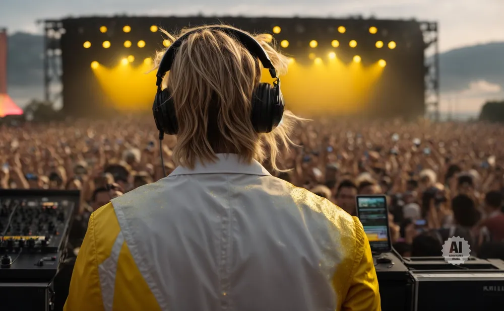 DJ with headphones at a crowded outdoor concert, stage lights in the background.