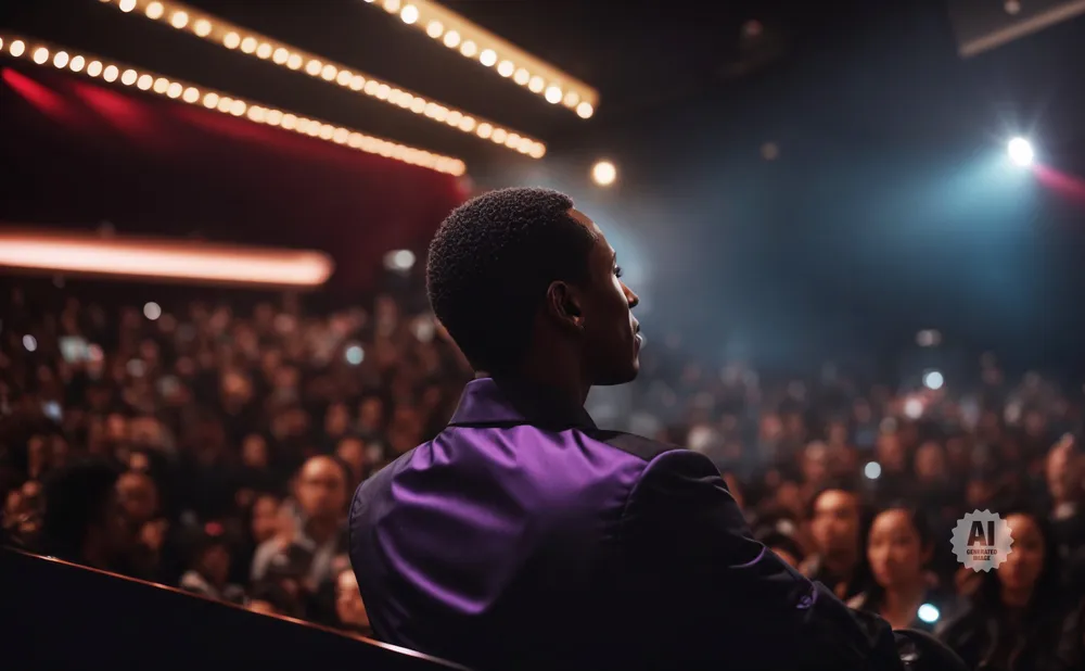 A man in a purple jacket looks out at a blurred audience in a theater.