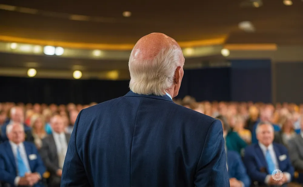 A bald man in a suit speaks to an audience.