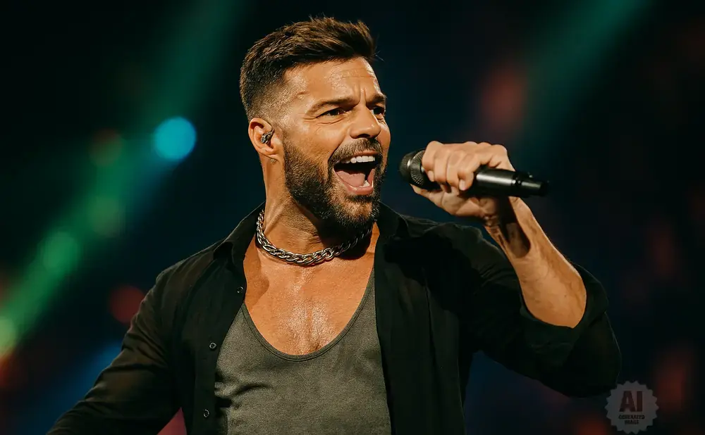 Ricky Martin sings into a microphone on stage, wearing a black open shirt over a gray tank top and a thick chain necklace.