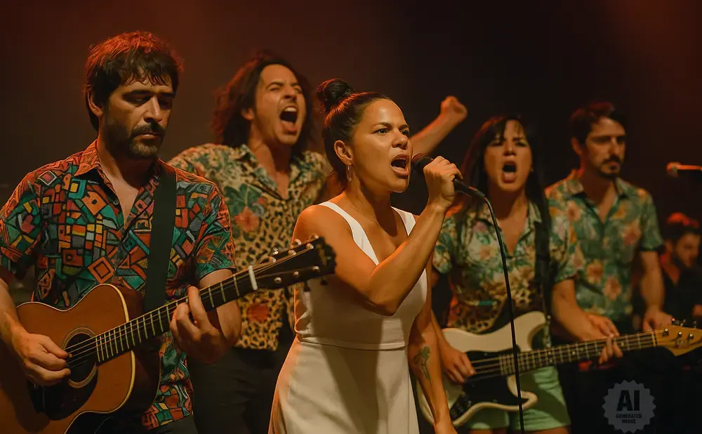 A band performs on stage, with a female singer in front, a guitarist to her left, and other musicians behind.