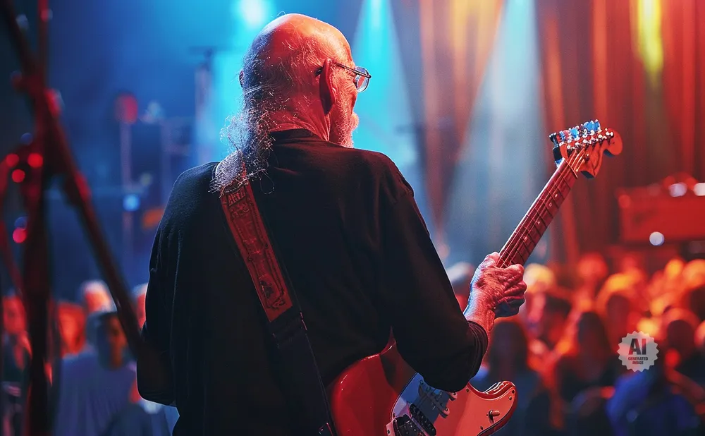 An elderly man with a long ponytail plays a red electric guitar on stage, bathed in blue and red stage lights.