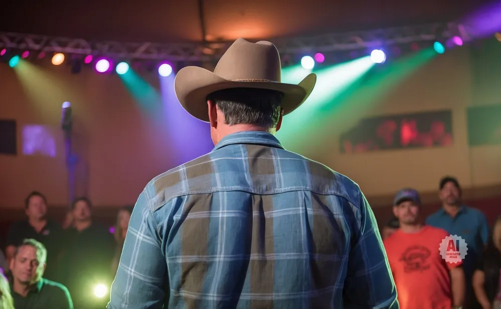 A man in a cowboy hat and plaid shirt faces away from the camera on a stage with colorful lights.