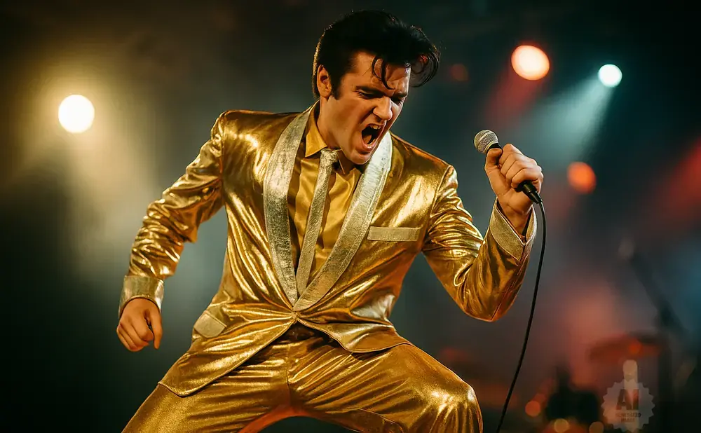 An Elvis impersonator in a gold suit and tie sings into a microphone on a stage.