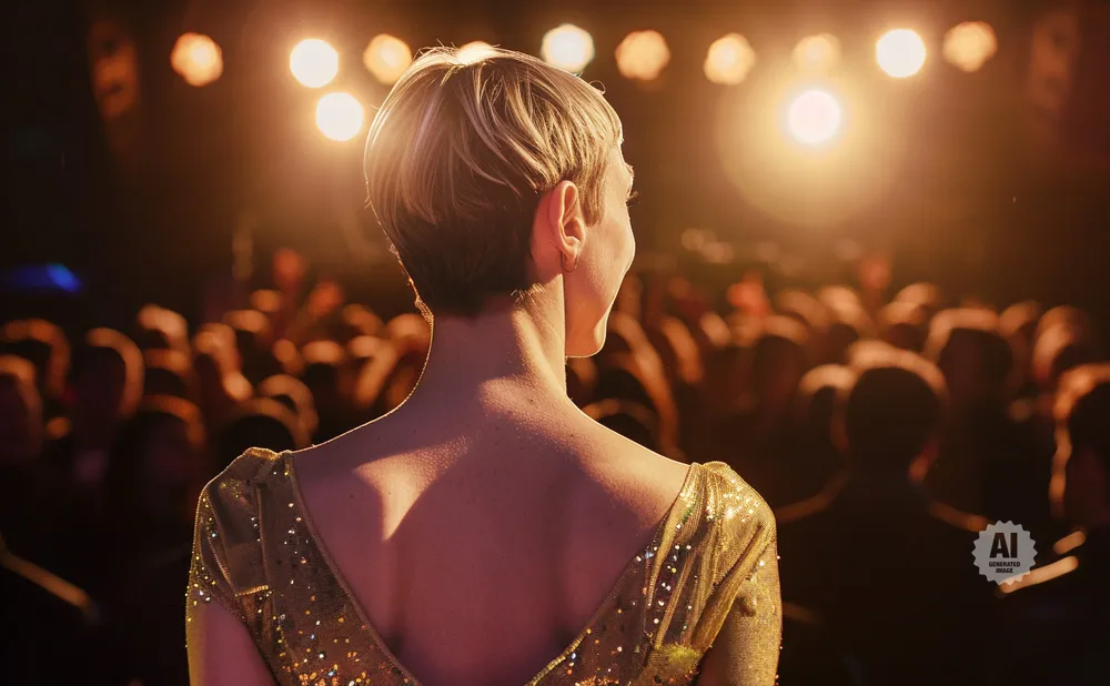 A person in a gold sequined dress faces a blurred audience under stage lights.