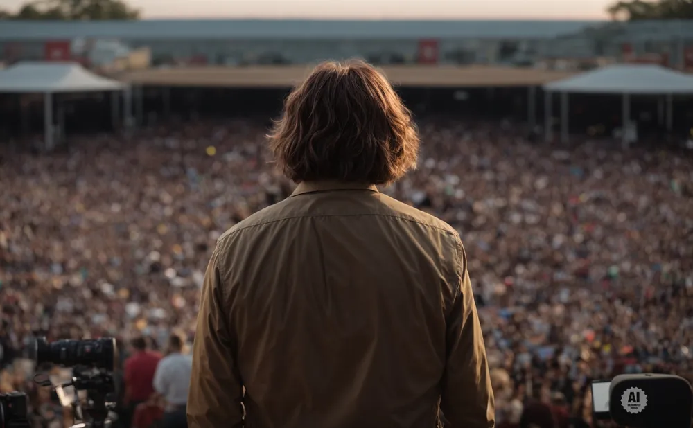 Person with shoulder-length hair facing a large, blurred crowd at an outdoor concert or event.