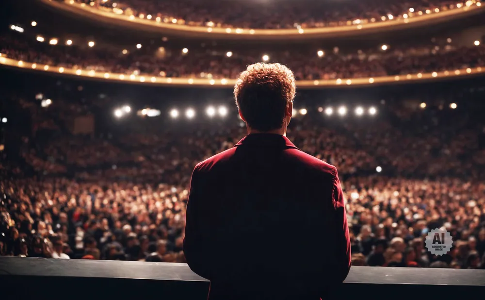 Person in a red jacket on stage facing a large, lit audience.