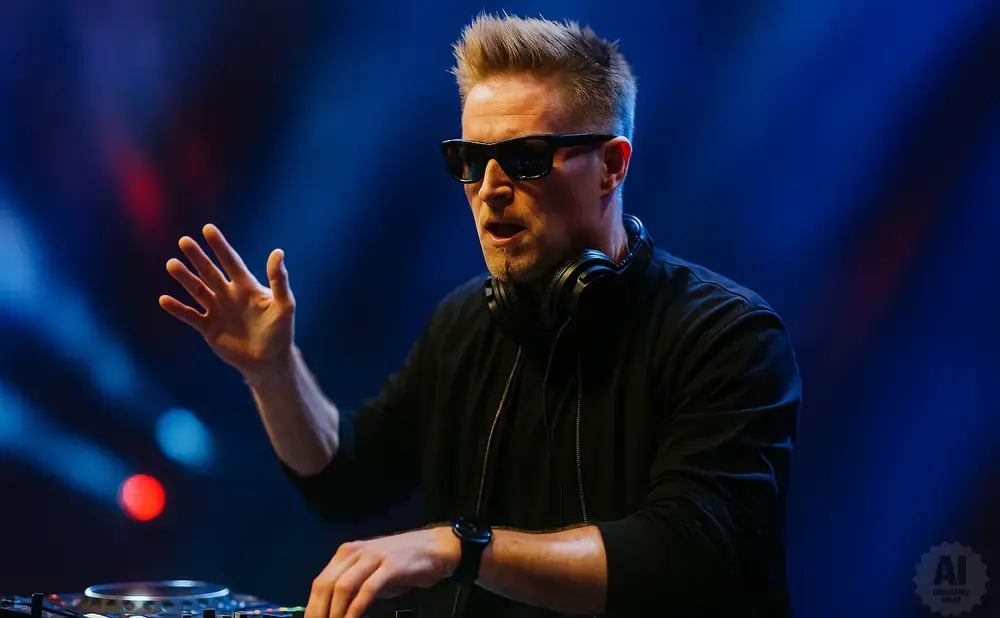 DJ wearing sunglasses and headphones mixes music at a console with blue and red lights.