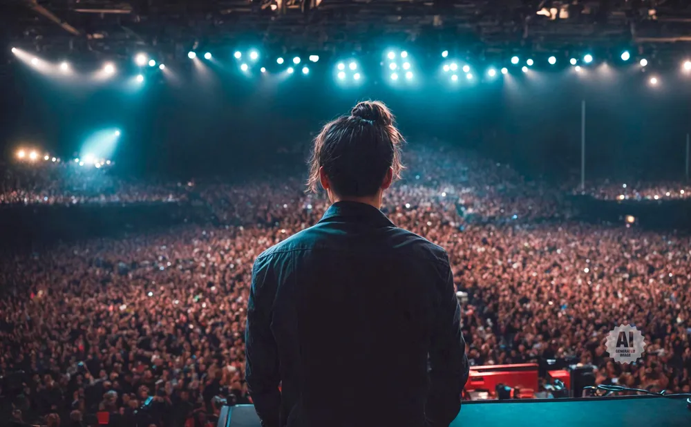 A person with a bun hairstyle faces a large cheering crowd at a concert, with bright stage lights illuminating the scene.