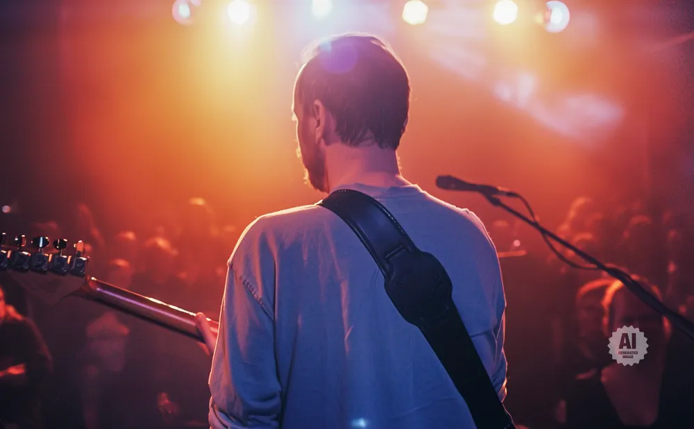 A guitarist with a strap plays on a stage with bright orange lights and a crowd.