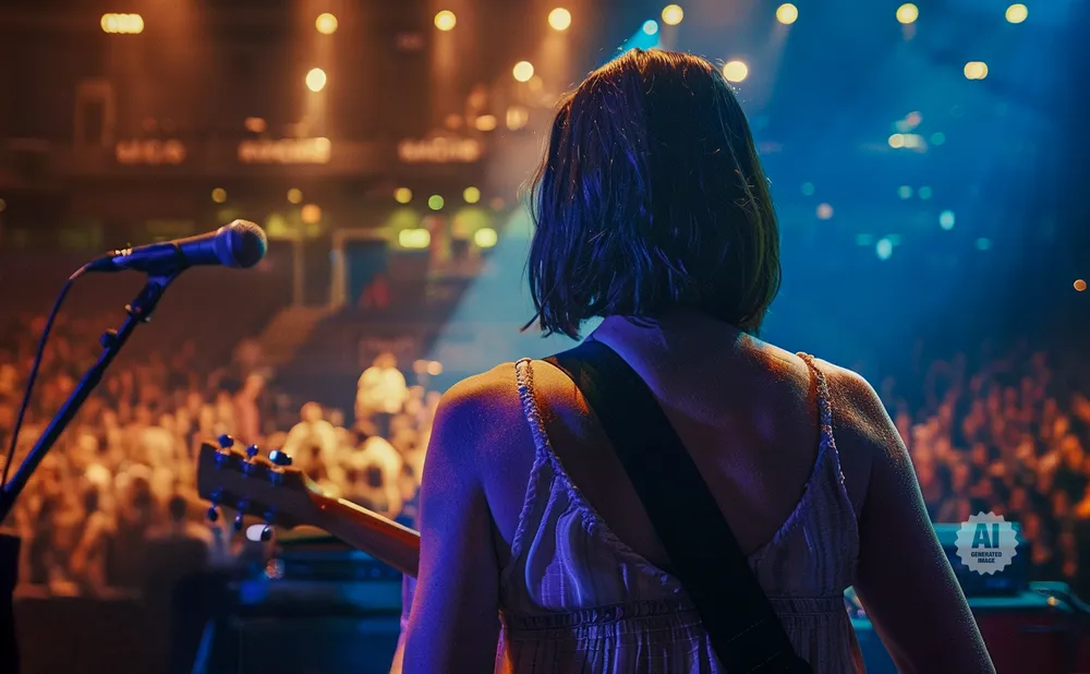 Woman with guitar on stage facing a blurred audience, with a microphone in the foreground.