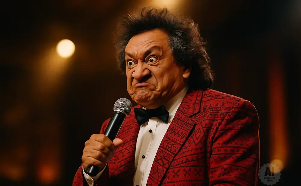 Comedian with wild hair, exaggerated angry expression, and a red patterned jacket holds a microphone.