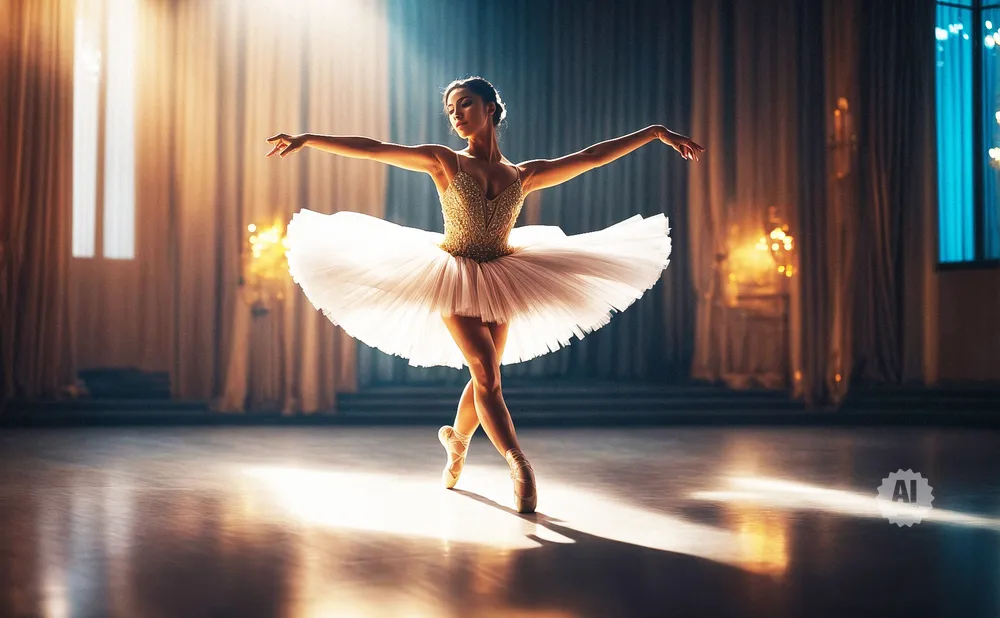 Ballerina in a white tutu and gold corset on stage, bathed in light.