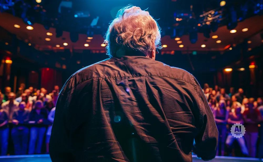 Man with gray hair on stage facing away from camera, looking at audience under blue spotlight.